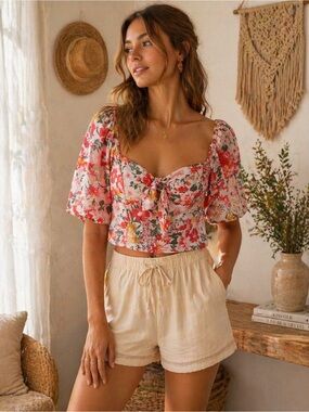 Love & Piece Boho Pink Floral Tie-Front Puff Sleeve Crop Top
